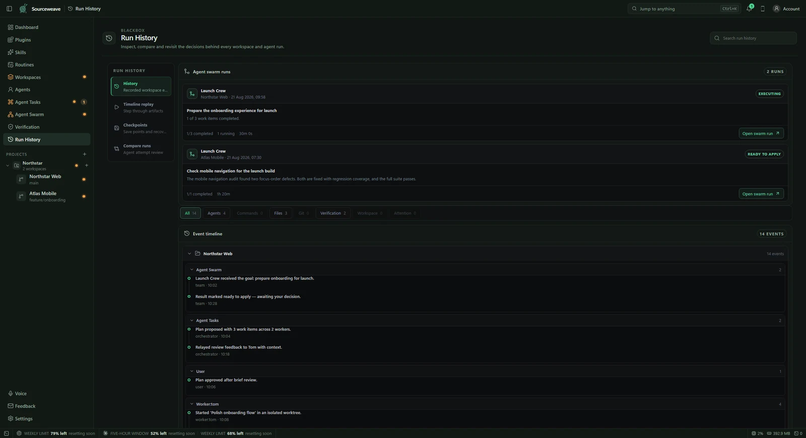A real Sourceweave workspace with its Blackbox event history visible
