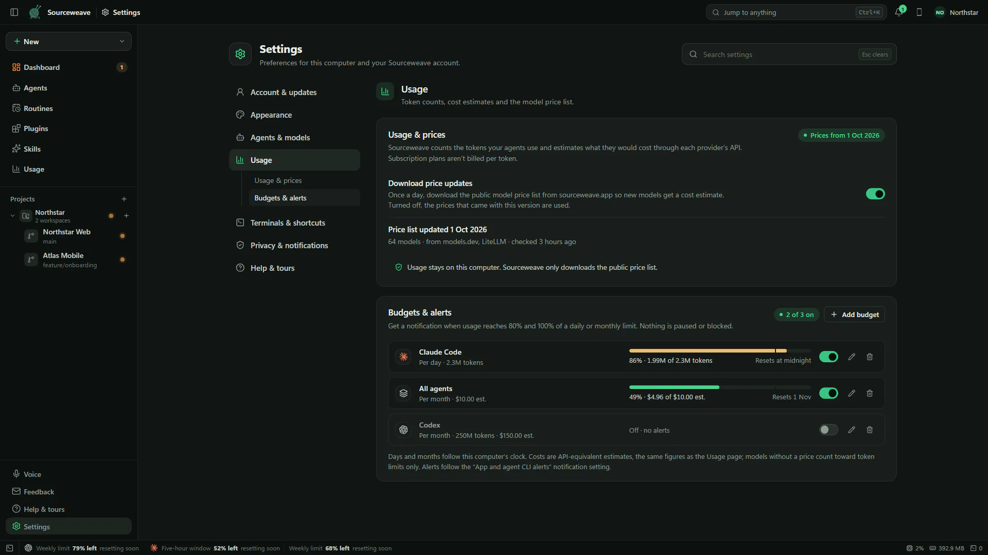 Sourceweave Settings with the model price list and budgets and alerts