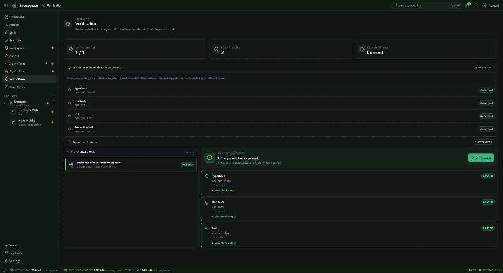 Sourceweave completed-run review with verification results and changed files