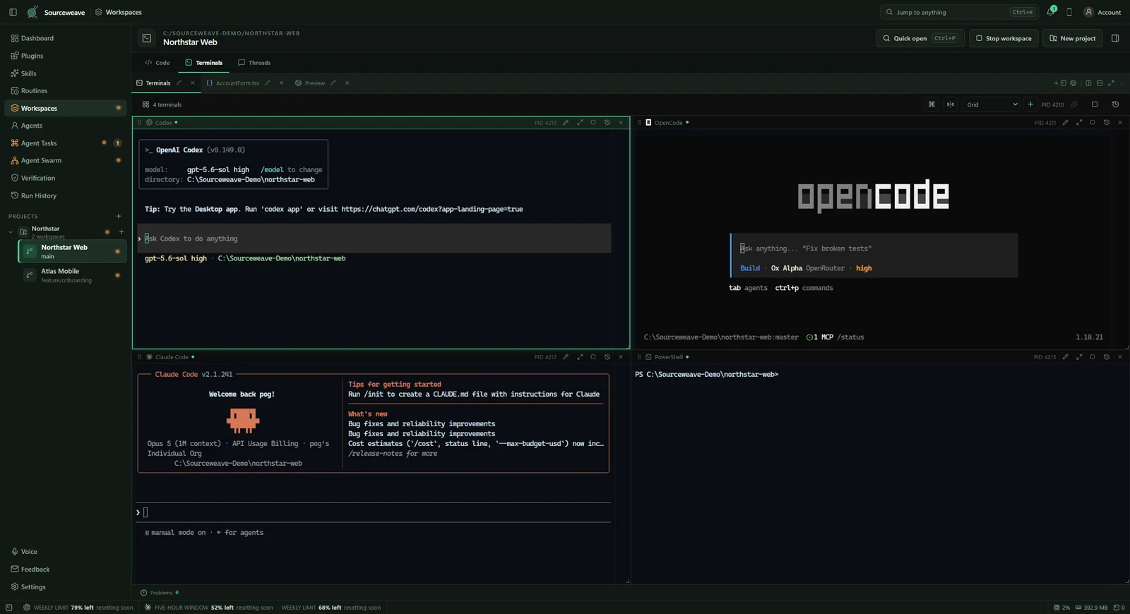 Sourceweave workspace with coding agent terminals beside the project