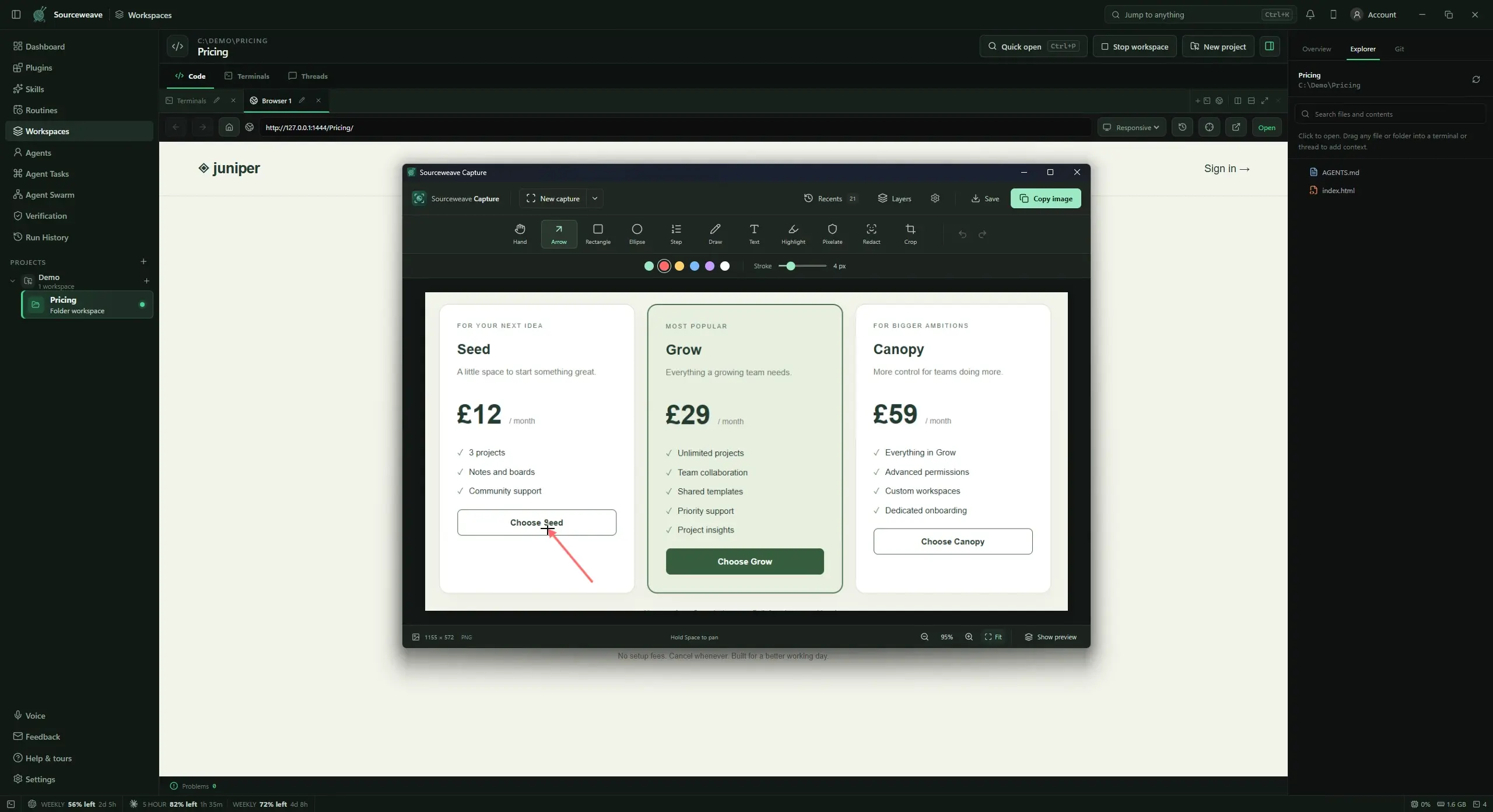 The real Sourceweave Capture editor annotating the pricing page demo