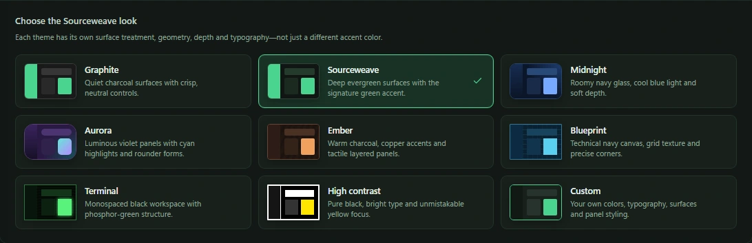 Sourceweave Appearance settings with eight built-in themes and a custom theme option
